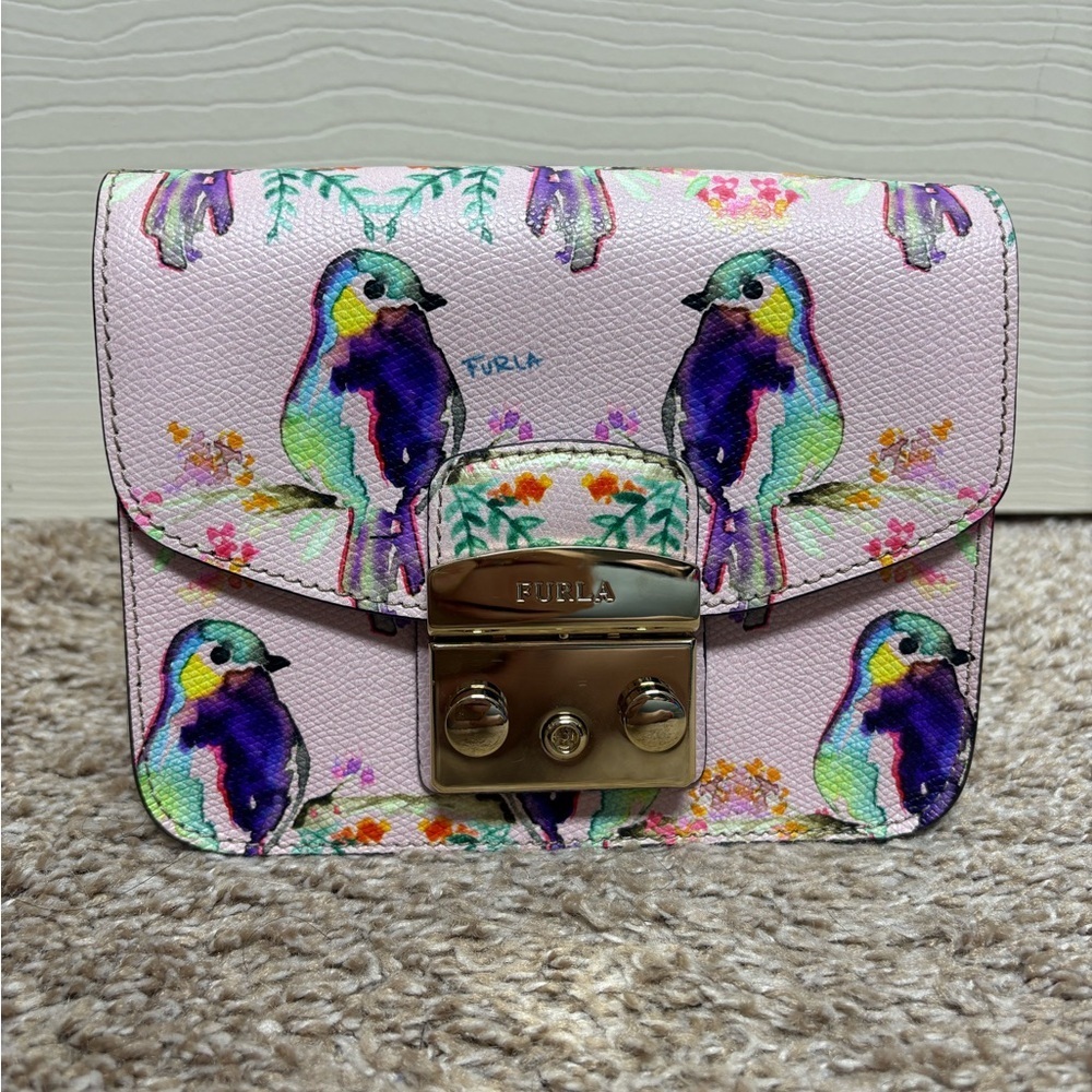 Furla Metropolis Mini Crossbody Bag womens authentic luxury pink gold floral EUC - Picture 16 of 17